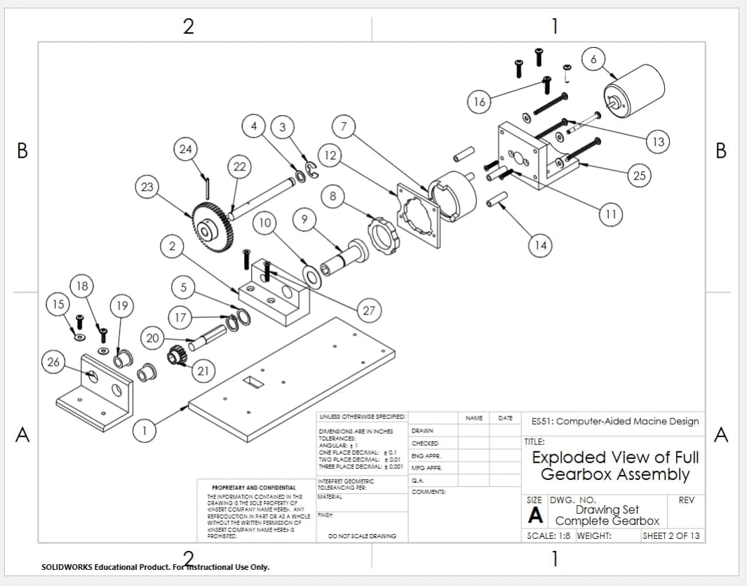 Exploded engineering drawing of a gear assembly