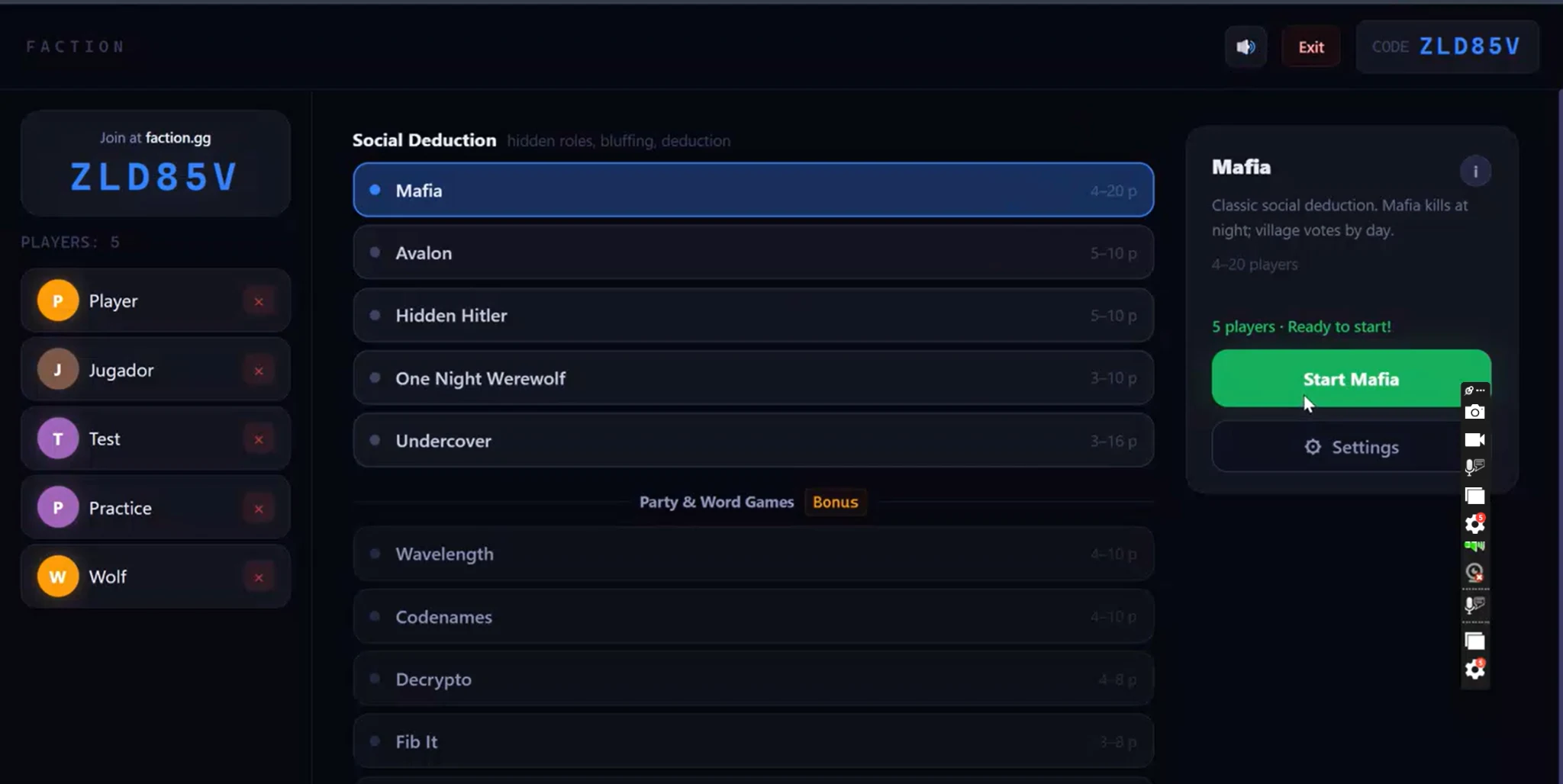 Multiplayer game platform room lobby with player list and game selection