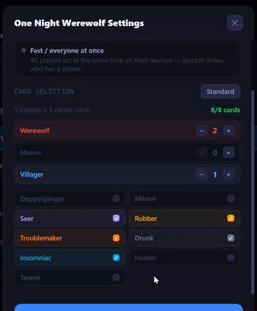 One Night Werewolf game settings