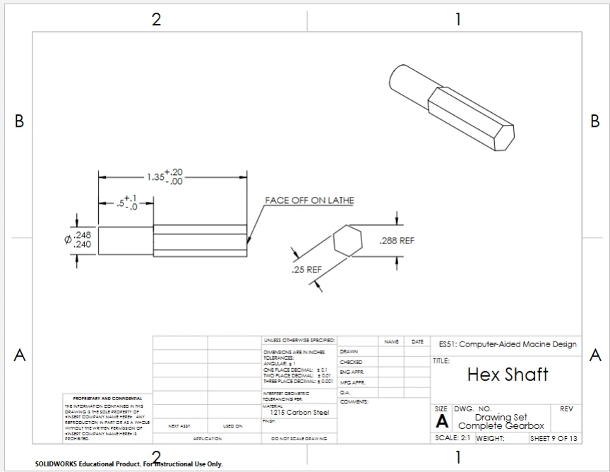 Hex shaft technical drawing