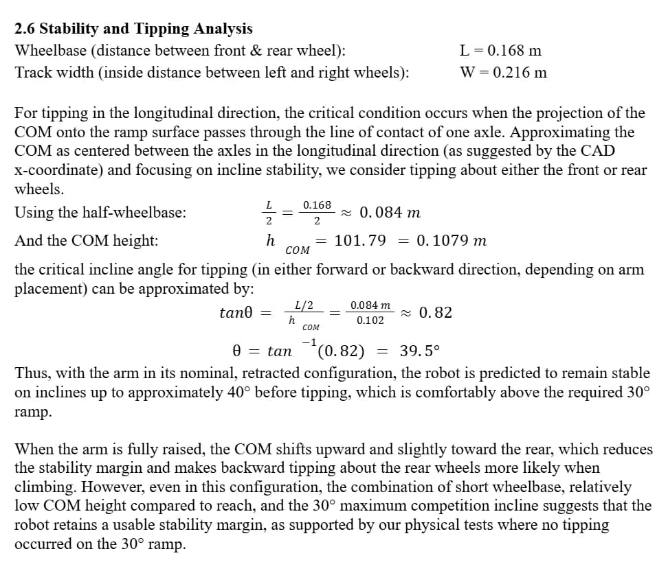 Report excerpt with center-of-mass height, wheelbase, and tipping-angle calculations